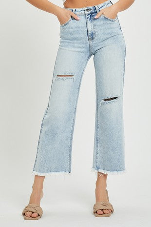 RISEN JEANS -HIGH RISE FRAYED ANKLE WIDE JEANS