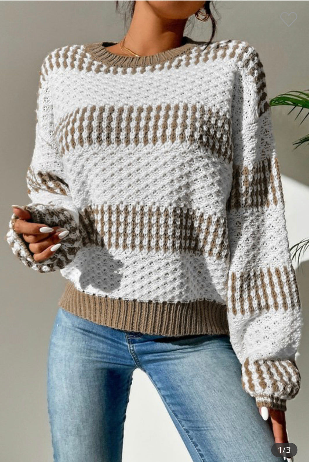 Taupe & White Striped Sweater