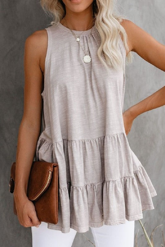 Beige Round Neck Ruffled Hem Top