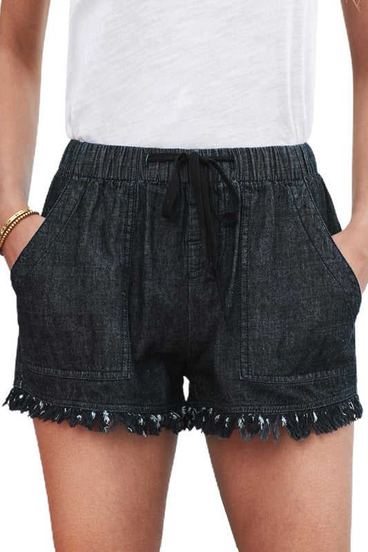Black Pocketed Frayed Shorts