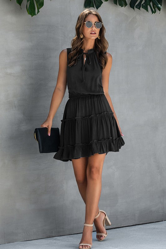 Black Sleeveless Drawstring Mini Dress