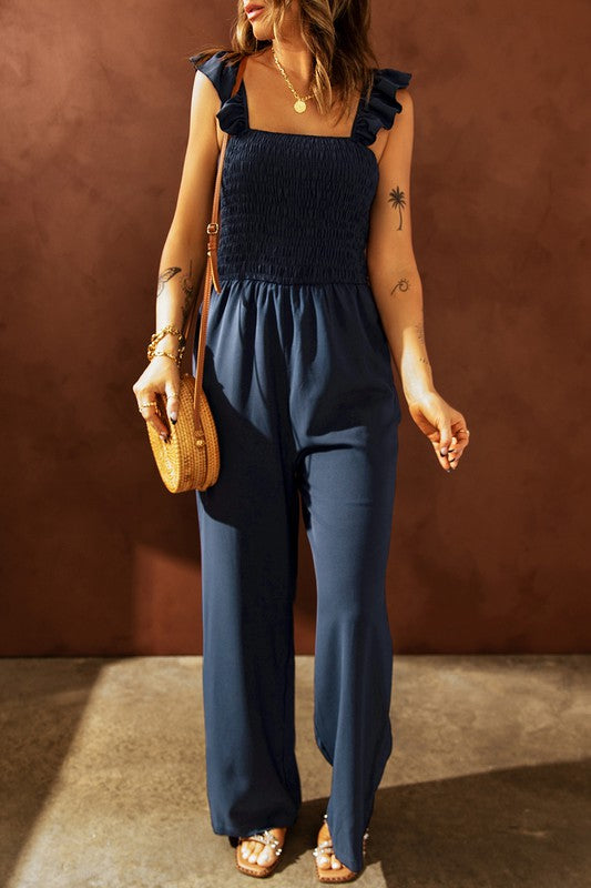 Blue Fashion Smocked Wide Leg Jumpsuit