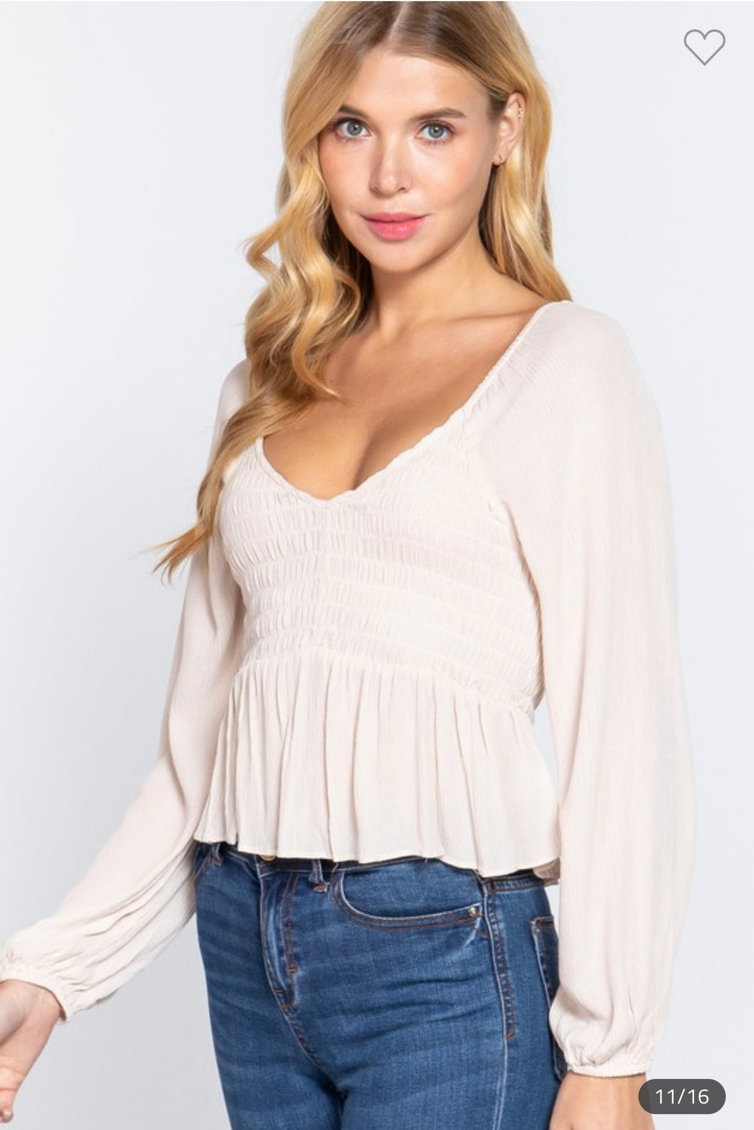 Cream Smocked Long Sleeve